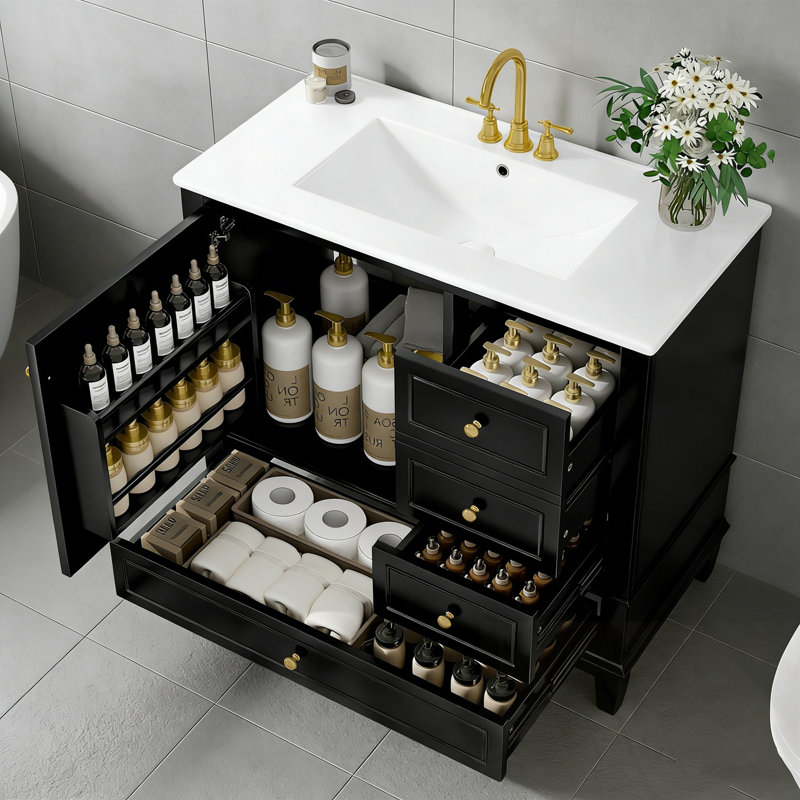 Bathroom Vanity with Sink, 3 Drawers and Door Shelves, Black