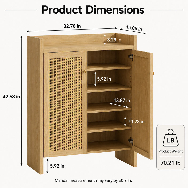 Armoire à chaussures en rotin naturel, rangement réglable à six niveaux, H 42,58 po x l 32,78 po x P 15,08 po, Bois naturel