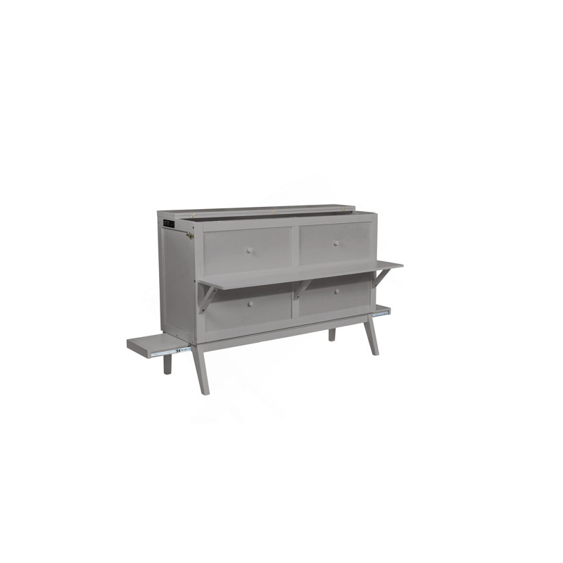 Grand lit escamotable avec port USB et tablettes amovibles de chaque côté, lit escamotable en pin massif pour bureau à domicile, chambre d'amis, gris