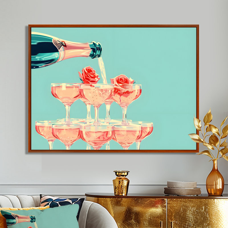 Champagne champagne bulles - Art mural champagne, Toile avec cadre flottant brun, H 16 po x l 32 po x P 1 po