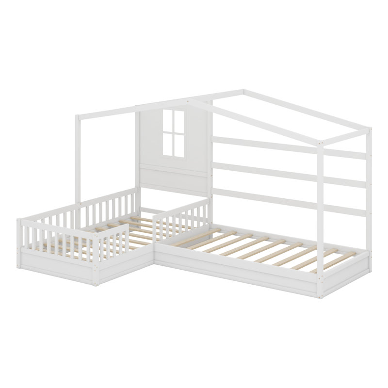 Lit en bois, structure en L à 2 lits avec clôture et structure à lattes, Blanc