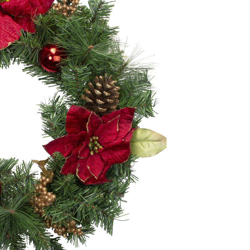 Couronne de Noël artificielle pin vert et poinsettias - 24 pouces non éclairée
