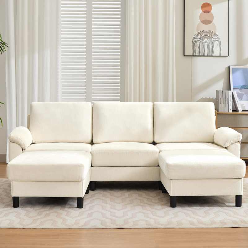 Canapé modulaire 90 po en forme de U avec repose-pieds - revêtement en chenille douce et design réversible, Chenille beige