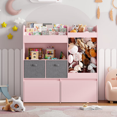 Toy Storage Organizer, Stuffed Animal Storage with 2 Toy Organizer Bins & Play Mat, 2 Movable Storage Chest and 3-Tier Bookshelf for Kids Room, Playro by Isabelle & Max