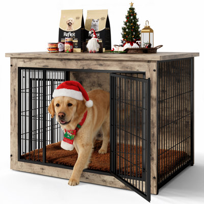 Meuble de caisse en bois pour chien avec portes avant et latérales et coussin épais | Chenil robuste, table de bout latérale, conception anti-mâcher pour petits et grands chiens