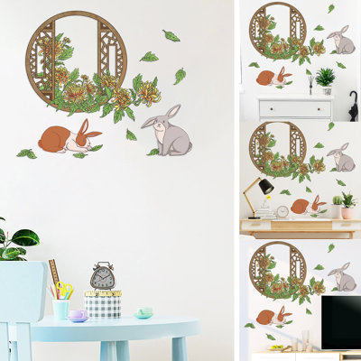 P VC window sticker Idyllic Fake Window Chrysanthemum Leaves Bunny Bedroom Living Room Porch Home Decoration Wall Stickers