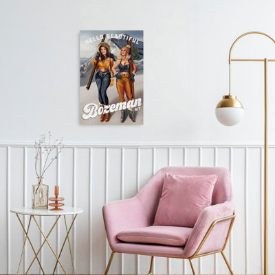 Hello Beautiful Bozeman Montana Ski Pinup Girls Retro Vintage Abstract Mountain Winter Wall Art Print 1 Piece Wrapped Canvas Wall Art