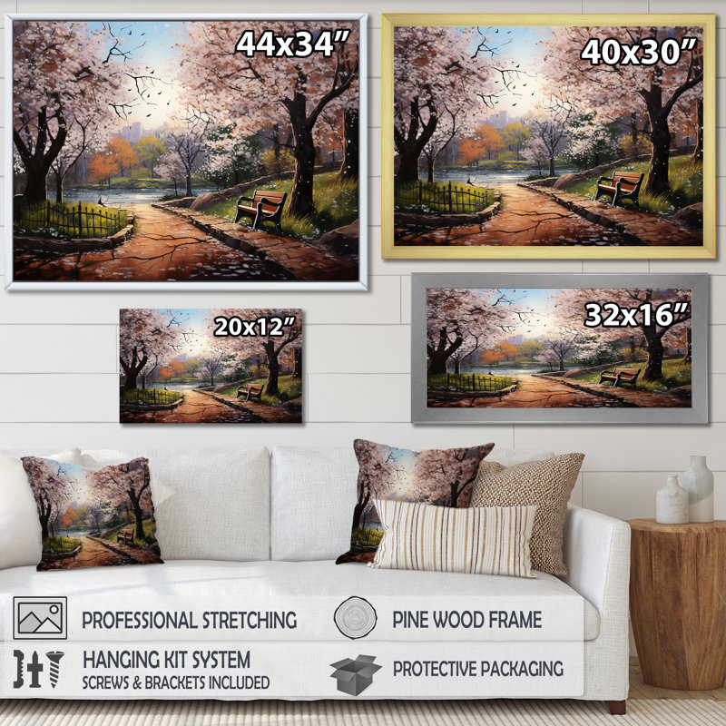 «Pink Springtime Park Floral Canopy I», art mural sur toile, Cadre flottant noir, H 12 po x l 20 po x P 1 po
