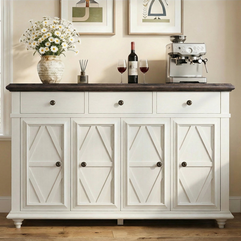 Buffet de style champêtre de 55 po de large avec comptoir en bois massif, Blanc / Brun