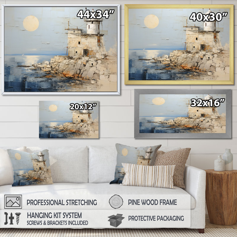Minimal Gray Light House Horizon - art mural de phare côtier, Cadre simple noir, H 34 po x l 44 po x P 1,5 po