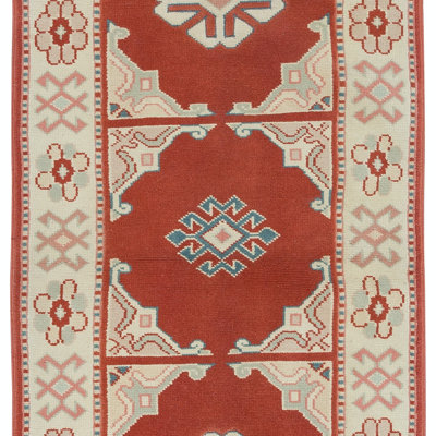Handmade Turkish Rug in Red & Beige, Small Hallway Runner, 100% Wool