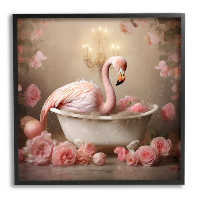 Flamant rose dans une baignoire remplie de rose, impression sur bois
