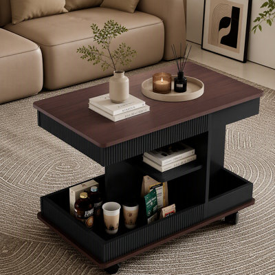 Table de bout réglable avec roulettes, table d'appoint moderne multifonctionnelle avec plateau relevable, plateau tournant à 360 ° et espace de rangement pour le salon, petit espace