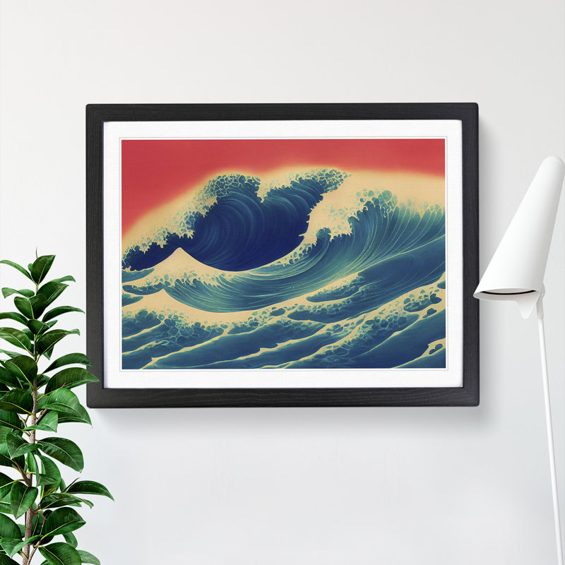Japanese Wave Sunset - Single Picture Frame Print, 46cm H x 64cm W x 2cm D, Black