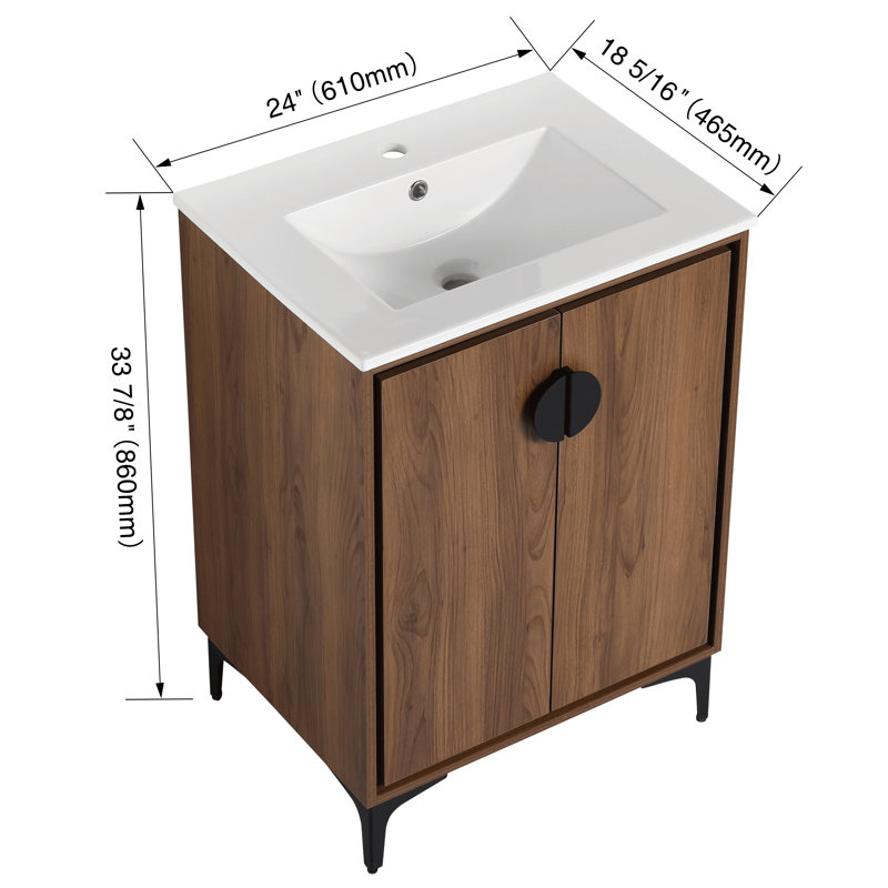 Bathroom Vanity With Ceramic Sink In 24 Inch, Freestanding Bathroom Vanity With Soft Close Door, 24"