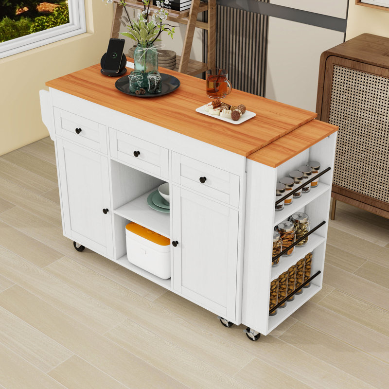 Kitchen Island with Extendable Dining Table, Open Shelves, 3 Drawers and Power Outlet, White
