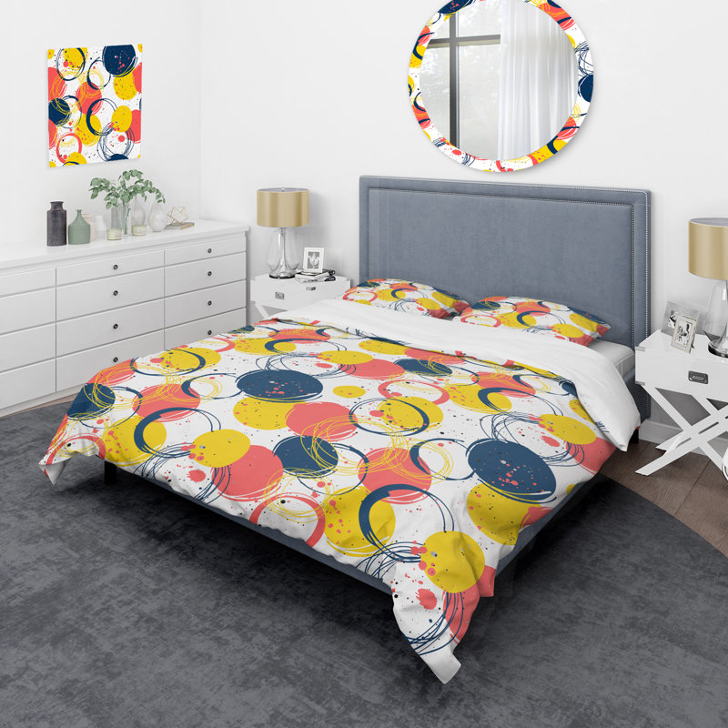 Ensemble de housse de couette à pois rose et jaune - Microfibre polyester, Housse de couette simple + 1 taie décorative stan