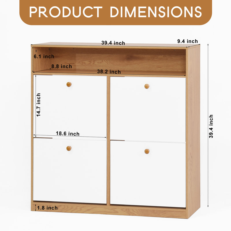 Armoire de rangement pour chaussures 4 portes rabattable avec ensemble anti-basculement, support de rangement autoportant avec poignée en bois et tablette supérieure pour le vestibule, couloir - peut contenir 24 à 32 paires