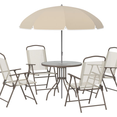Ensemble repas de terrasse beige pour 4 personnes - Parasol, table en verre trempé, chaises pliantes. Parfait pour se divertir au bord de la piscine avec parasol. Parfait pour le jardin, la cour et les moments de détente.