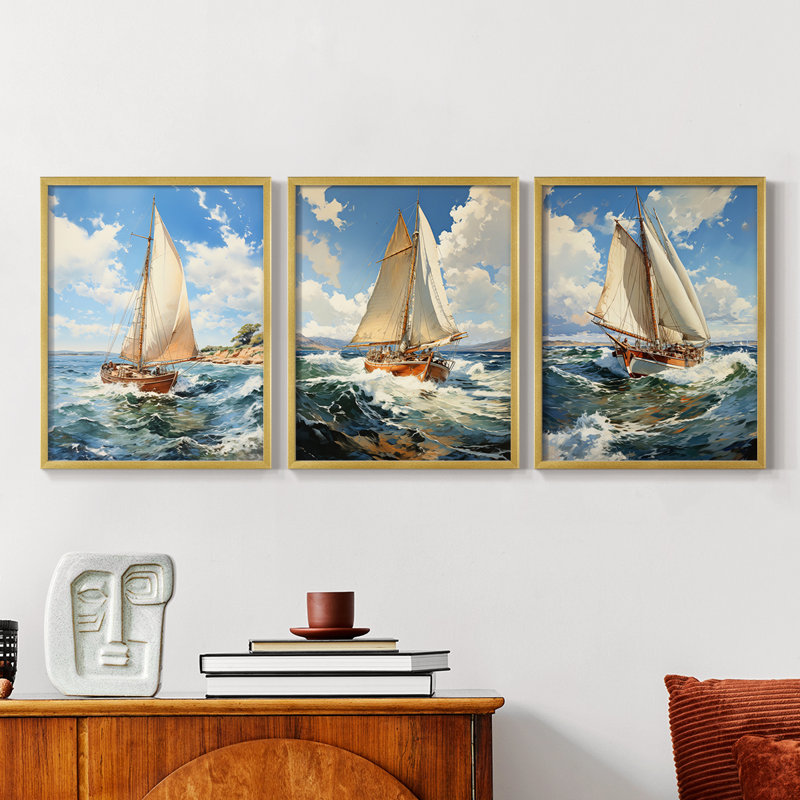 Série Sea and Shore LXVII - Ensemble de 3 estampes numériques encadrées - Prêt à être accroché, Doré, H 14 po x l 11 po