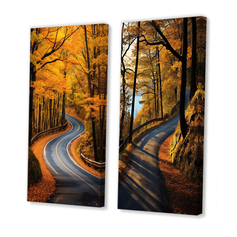 Passerelle Autumn Road Into The Forest I - ensemble de 2 décorations routières, H 32 po x l 33 po, Toile tendue