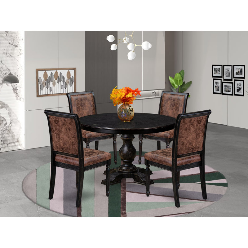 L'ensemble de table de salle à manger 5 pièces se compose d'une table et de 4 chaises de salle à manger en tissu de polyester brun avec dossier haut - fini noir sablé
