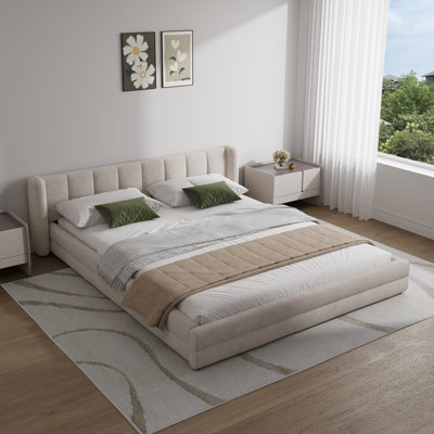 Queen Size Chenille Upholstered Low Bed Frame,   Platform Bed With Wingback Headboard