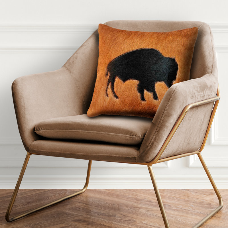 Cowhide Cushion Cover with Bison, 18"H x 18"W