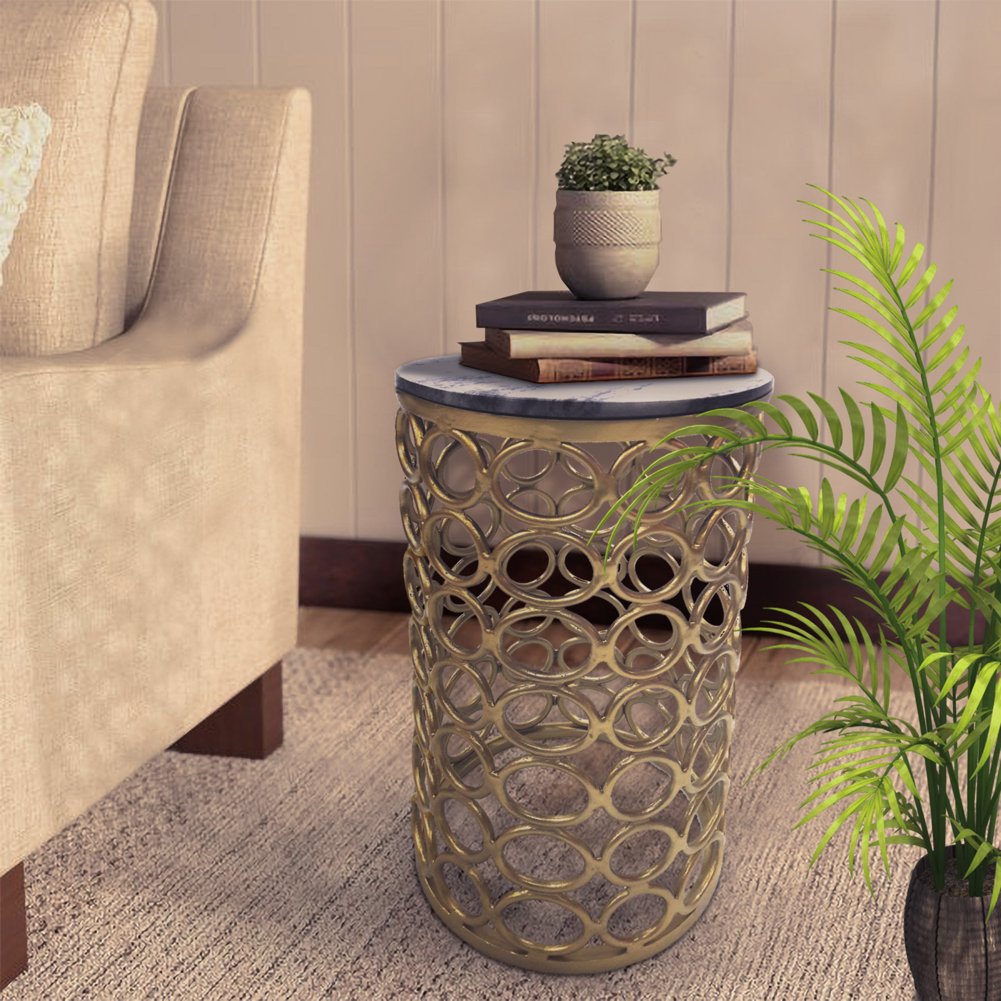 Designe Gallerie Woolbright Round Marble Top End Table with Gold Metal