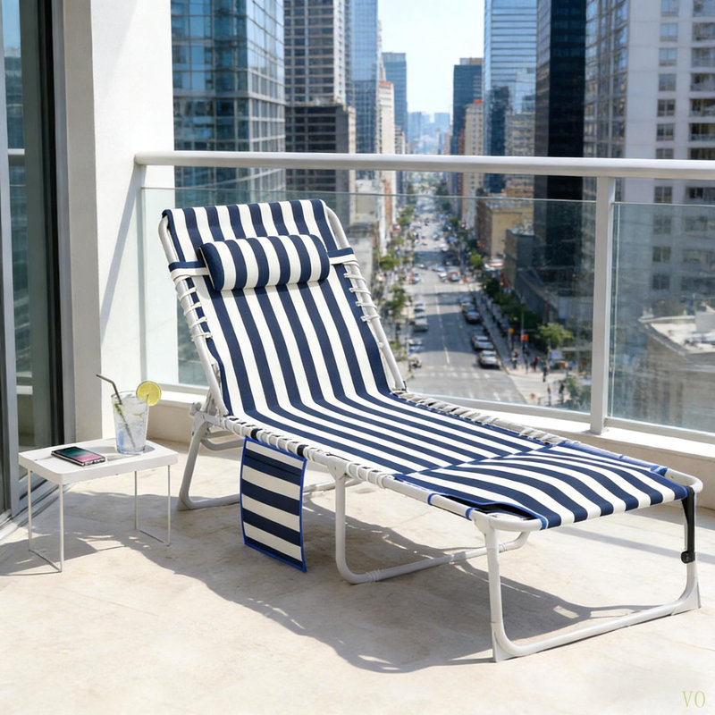 Chaise longue pliante, fauteuil de bronzage extérieur avec trou pour le visage et table d'appoint, Blue/White
