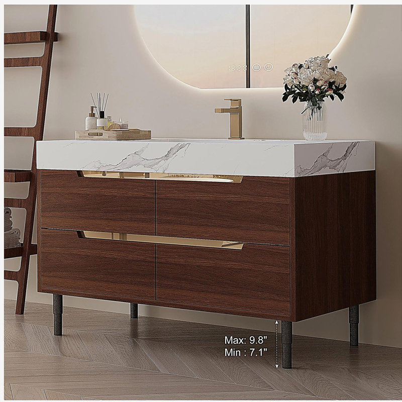 Meuble-lavabo autoportant en pierre frittée de 35,4 po avec lavabo encastré en bois massif multicouche, rangement 4 tiroirs, fixation murale