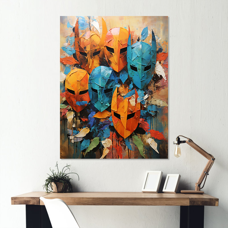 «Blue Antique Warriors Mask I», art mural militaire en métal, H 40 po x l 30 po x P 1,5 po