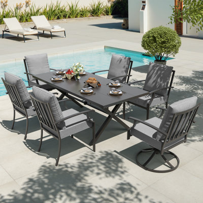 7-Piece Outdoor Metal Dining Set With X-Leg Table, 4 Stackable Chairs & 2 Swivel Rockers