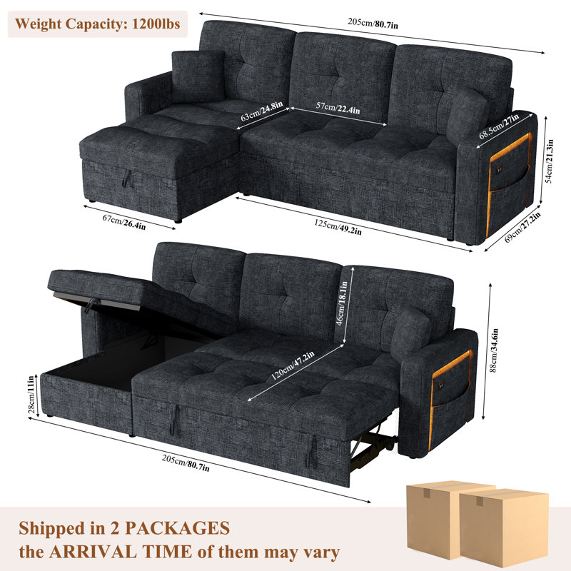 L-shaped Led Sectional Sofa With Adjustable Backrest And Charging Station, Living Room Large Pull Out Sofa Bed Sleeper With Storage Chaise