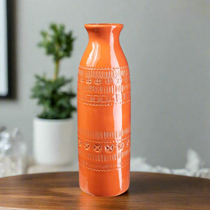 Avichai Ceramic / Porcelain Table Vase, Orange, 14" H x 4.5" W x 4.5" D