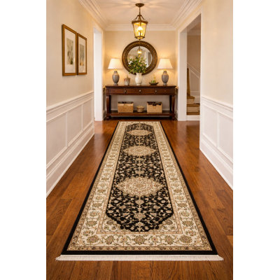 Tapis floral noir / crème / ivoire en laine noué à la main Floral
