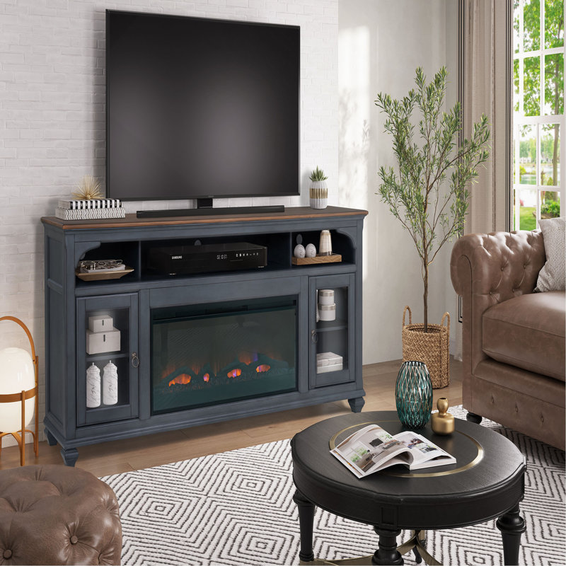 Meuble télé 86 po pour téléviseur de 95 po ou moins, finition bleu velours côtelé