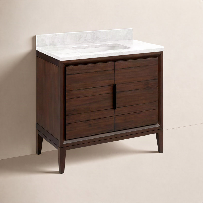 Meuble-lavabo simple 36 po Aliso, Aucun trou de robinet, Marbre de Carrare, Café