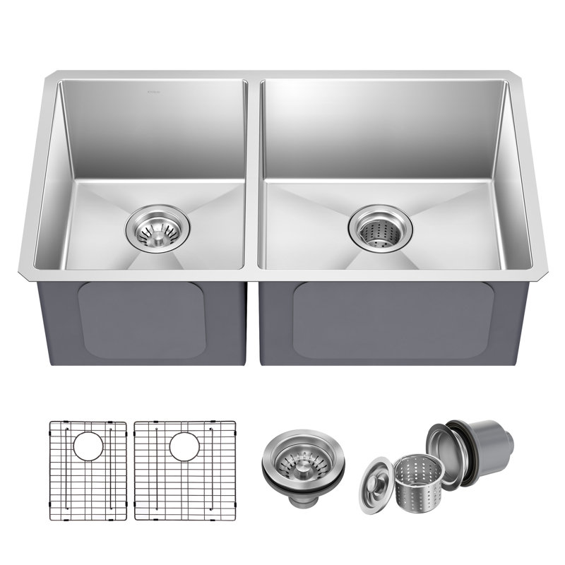 KRAUS Standart Pro Undermount 16 Gauge Stainless Steel Bar Kitchen Sink, 10"H x 19"W x 32.75"L, Large Bowl on Right