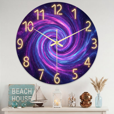 Abstract Galaxy Swirl Purple Blue Neon Numbers Clock Face Ultra Clear Glass Wall Clock