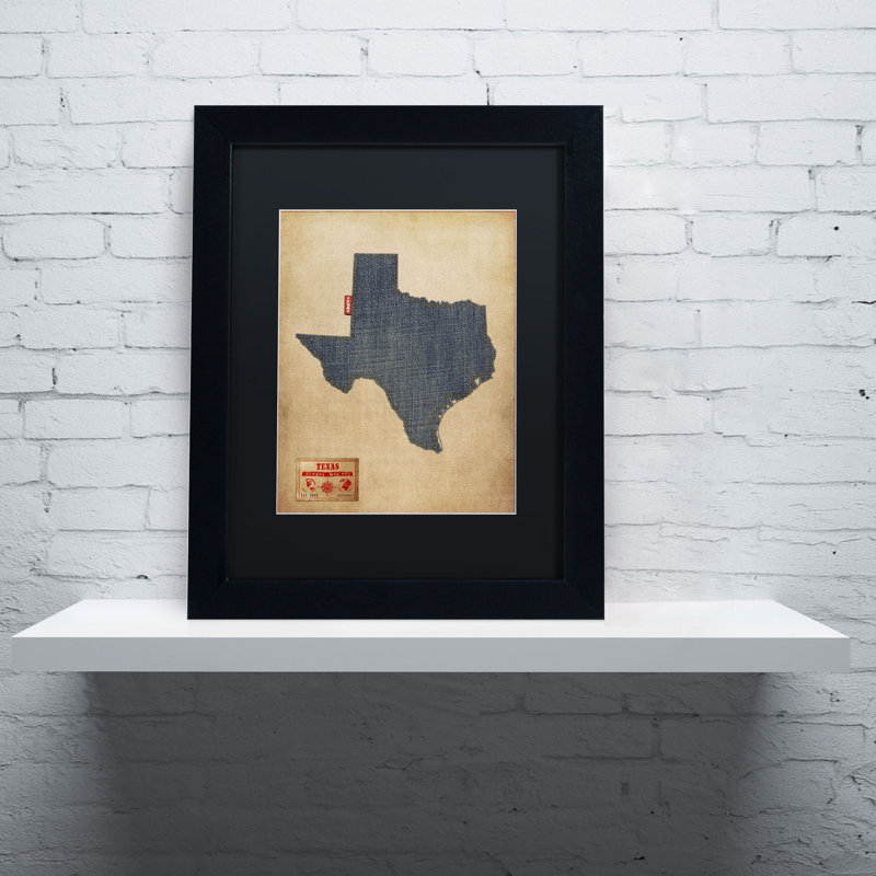 « texas map denim jeans style » par michael tompsett, impression encadrée, H 14 po x l 11 po, Noir