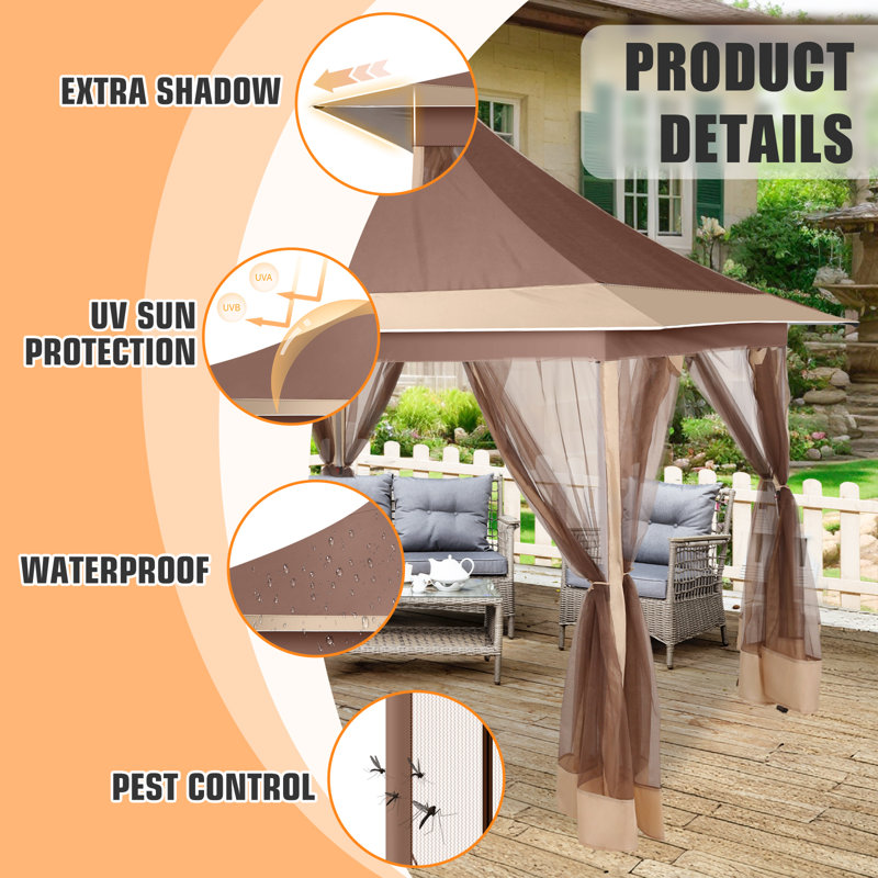 Brown and Beige 12x12ft Waterproof Pop-Up Gazebo Tent with Mosquito Netting