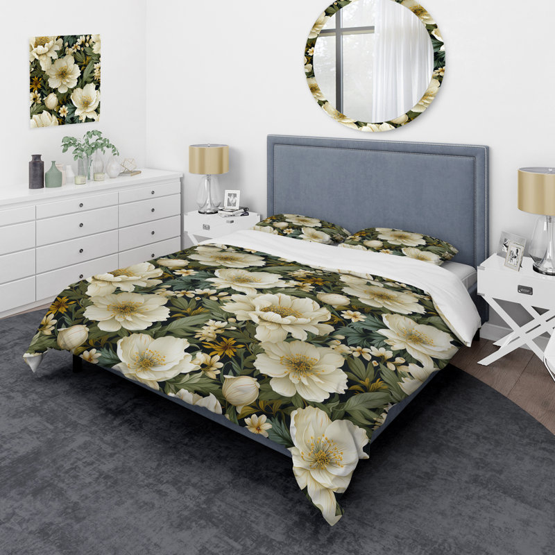 White Green Elegance Botanical Pattern II Floral Duvet Cover, Queen Duvet Cover + 2 Standard Shams