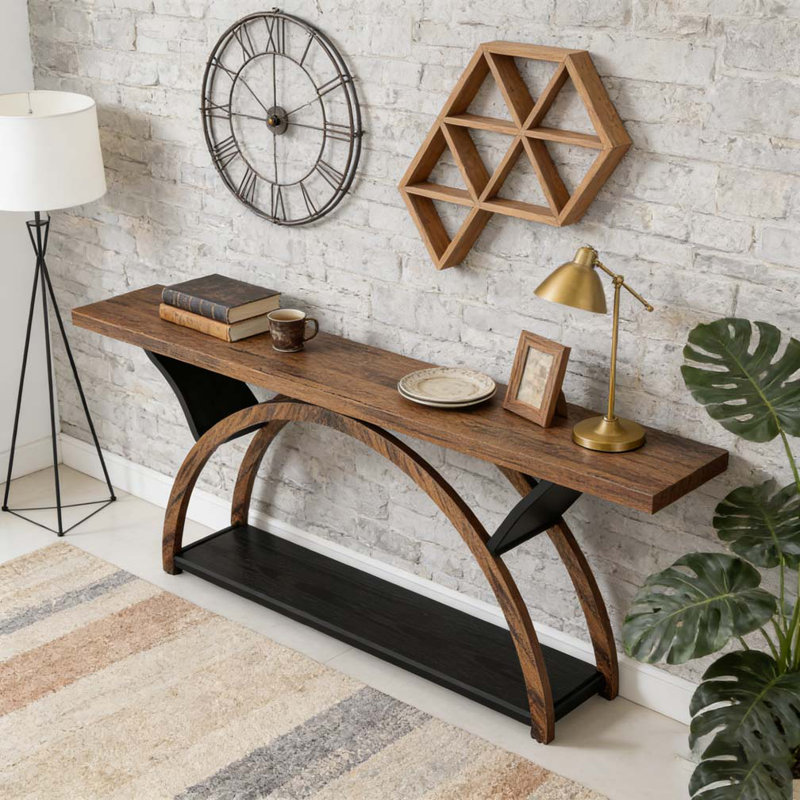 2-Tier Console Table Entryway Table with Half Moon Frame, Rustic Brown & Black