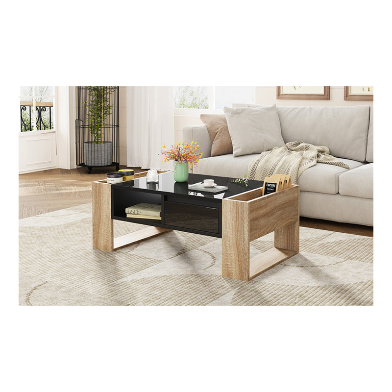 Table basse haute brillance avec 2 tiroirs, table centrale pratique à deux tons avec compartiments cachés, table basse rectangulaire avec tablette de rangement ouverte pour le salon, la chambre à coucher, noir, 41,3 x 23,6 po