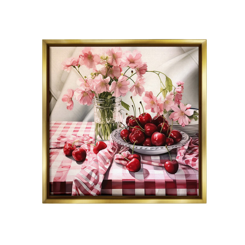"Summer Cherries And Florals" par RB sur toile, Cadre flottant métallique doré, H 18 po x l 18 po