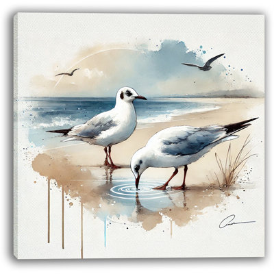 Coastal Reflections - Seagulls by the Shore Canvas Print Art