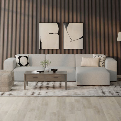 Grand canapé modulaire en L gris pâle 2 places Rex pour salon, style moderne avec accoudoirs très larges