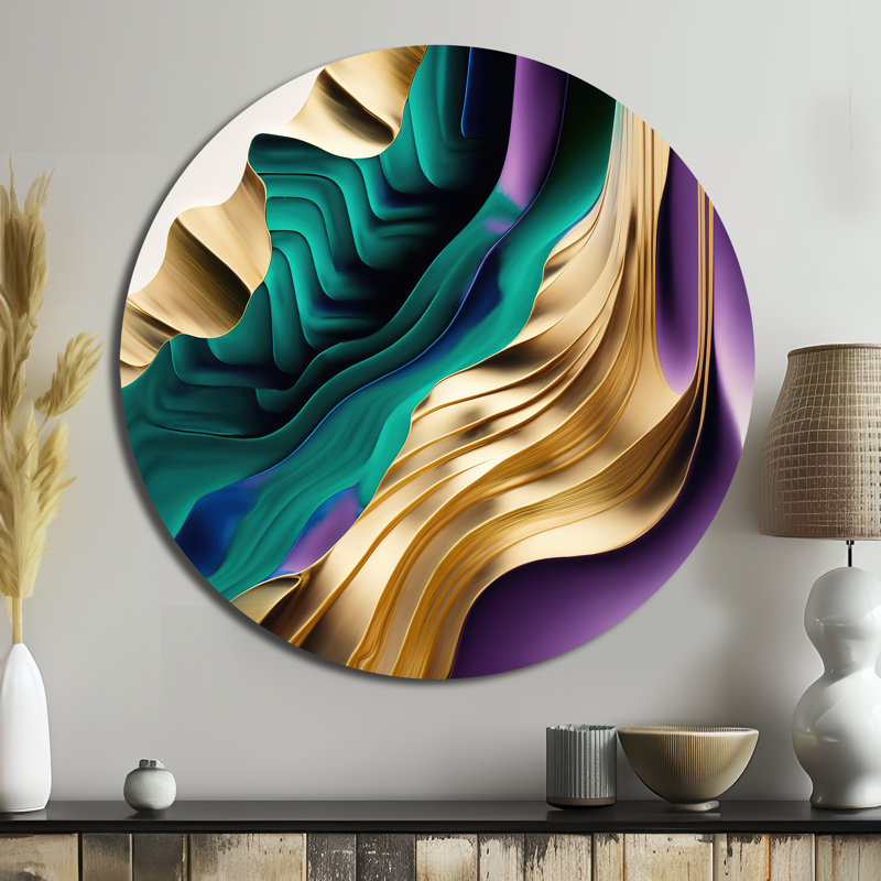 Mauve, vert et or, "Bold Strokes III" - Art abstrait rond en métal, H 16 po x l 16 po x P 1 po