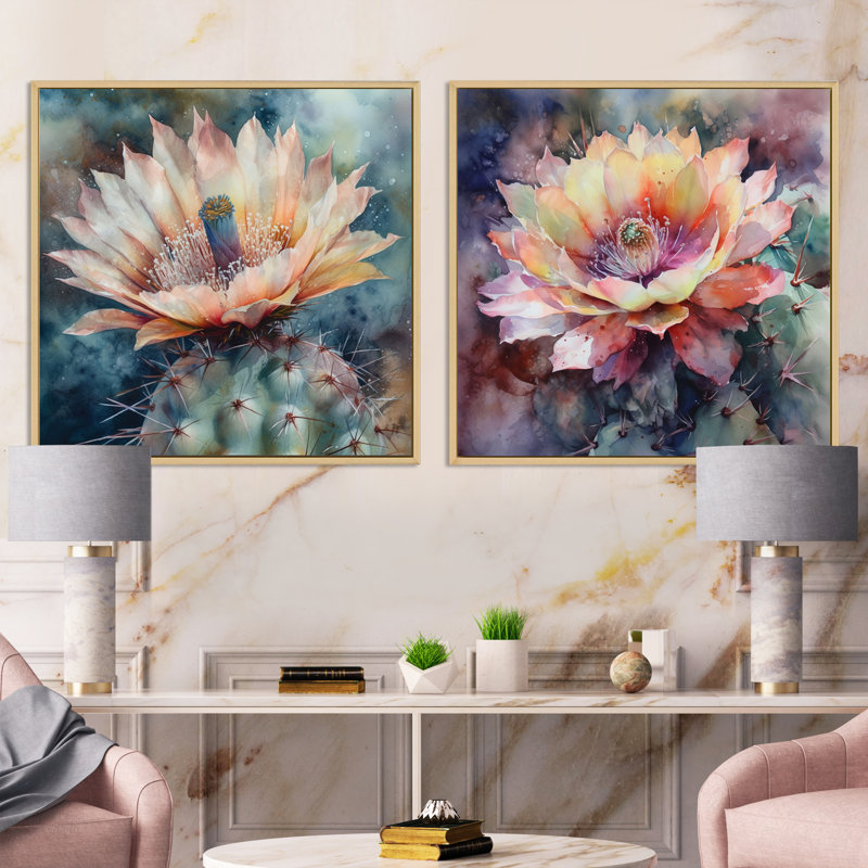 Cactus rose, vert, beauté, cactus floral, ensemble de 2 carrés, Cadre flottant brun, H 16 po x l 33 po